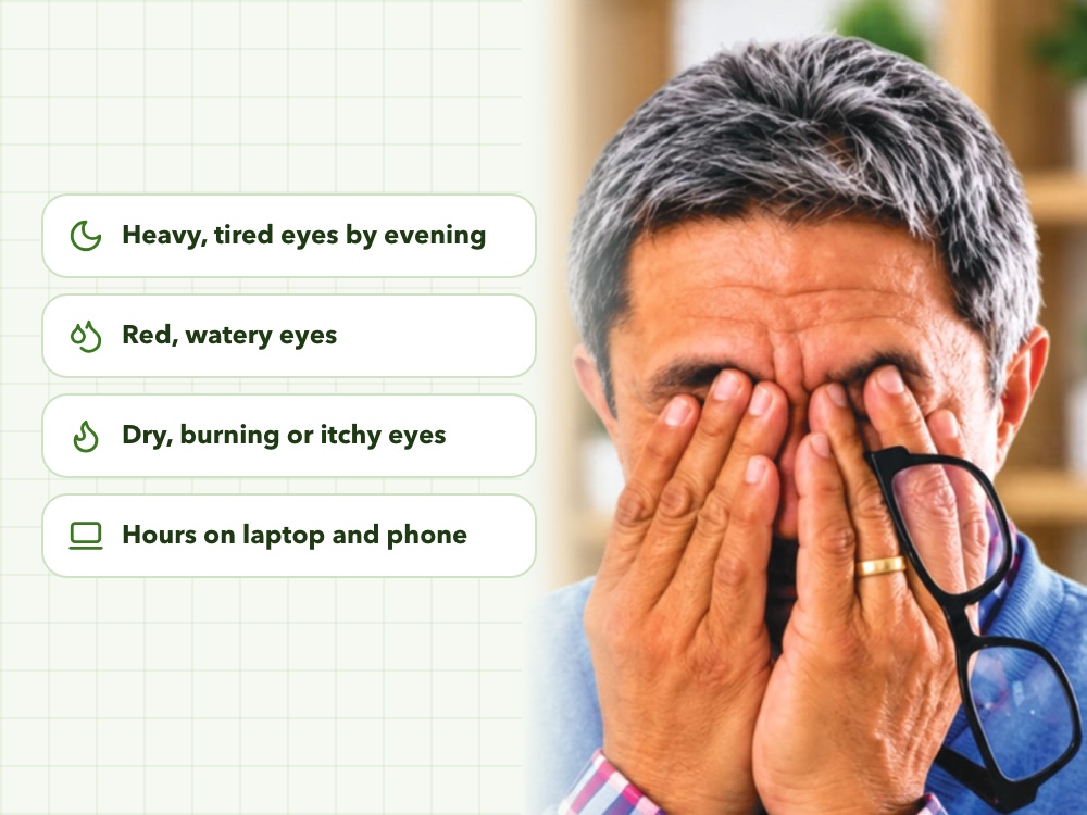 A man rubbing his tired eyes after long screen hours