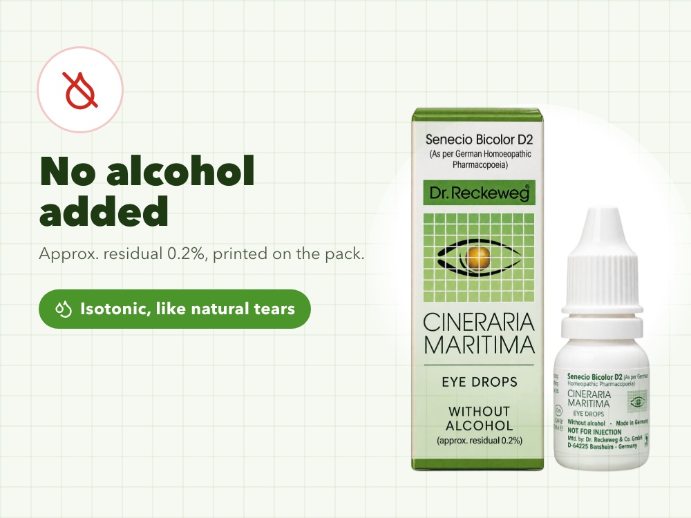 No alcohol added, approx. residual 0.2%, isotonic like natural tears