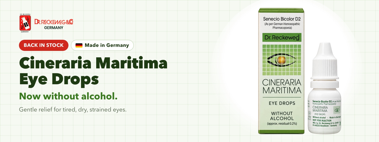 Dr. Reckeweg Cineraria Maritima Eye Drops, back in stock, now without alcohol, made in Germany